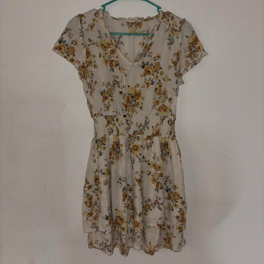 Floral Mini Dress Cottagecore Boho Cream Yellow Smocked Waist Chiffon Size XS/S